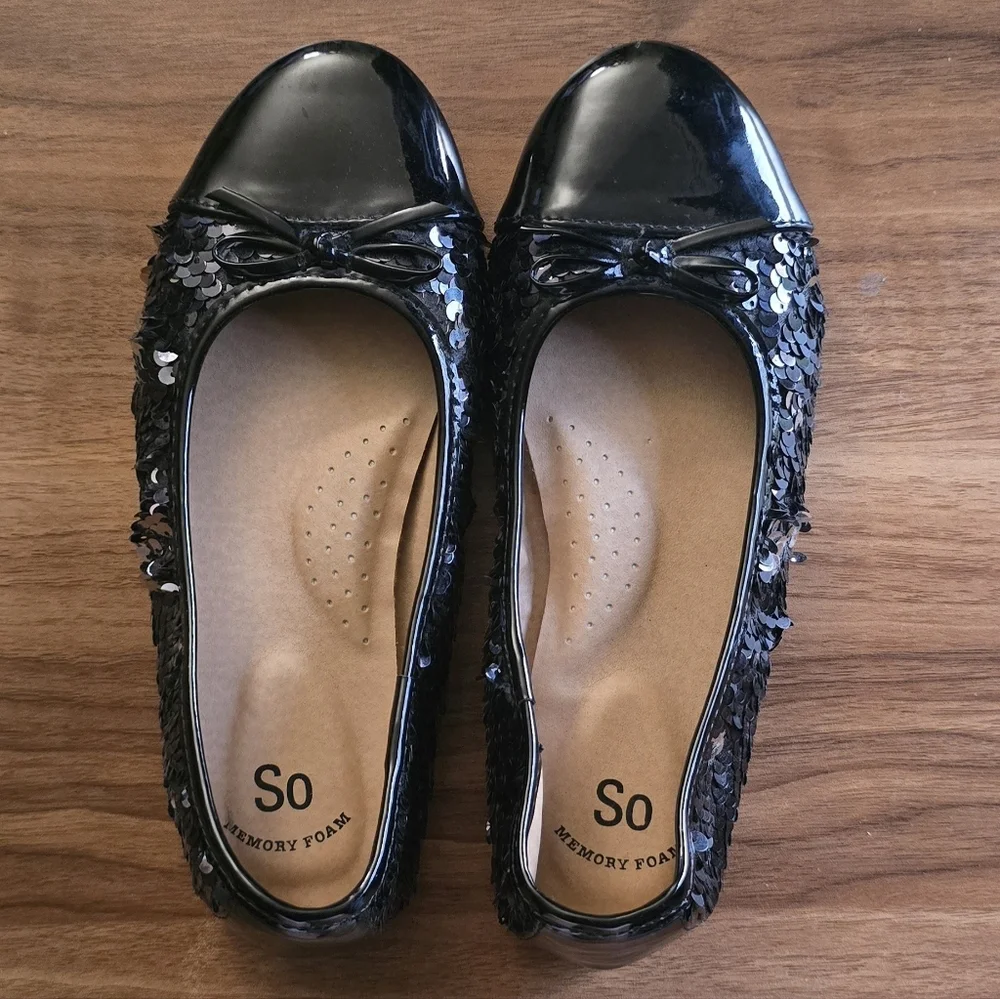 SO Memory Foam Black Sequin Flats Size Girls 3